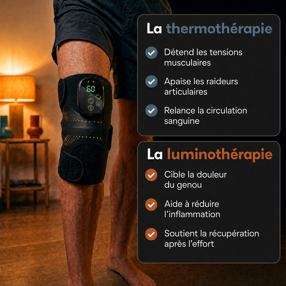 Genouillère Chauffante avec lumière rouge – soulage, apaise et détend le genou