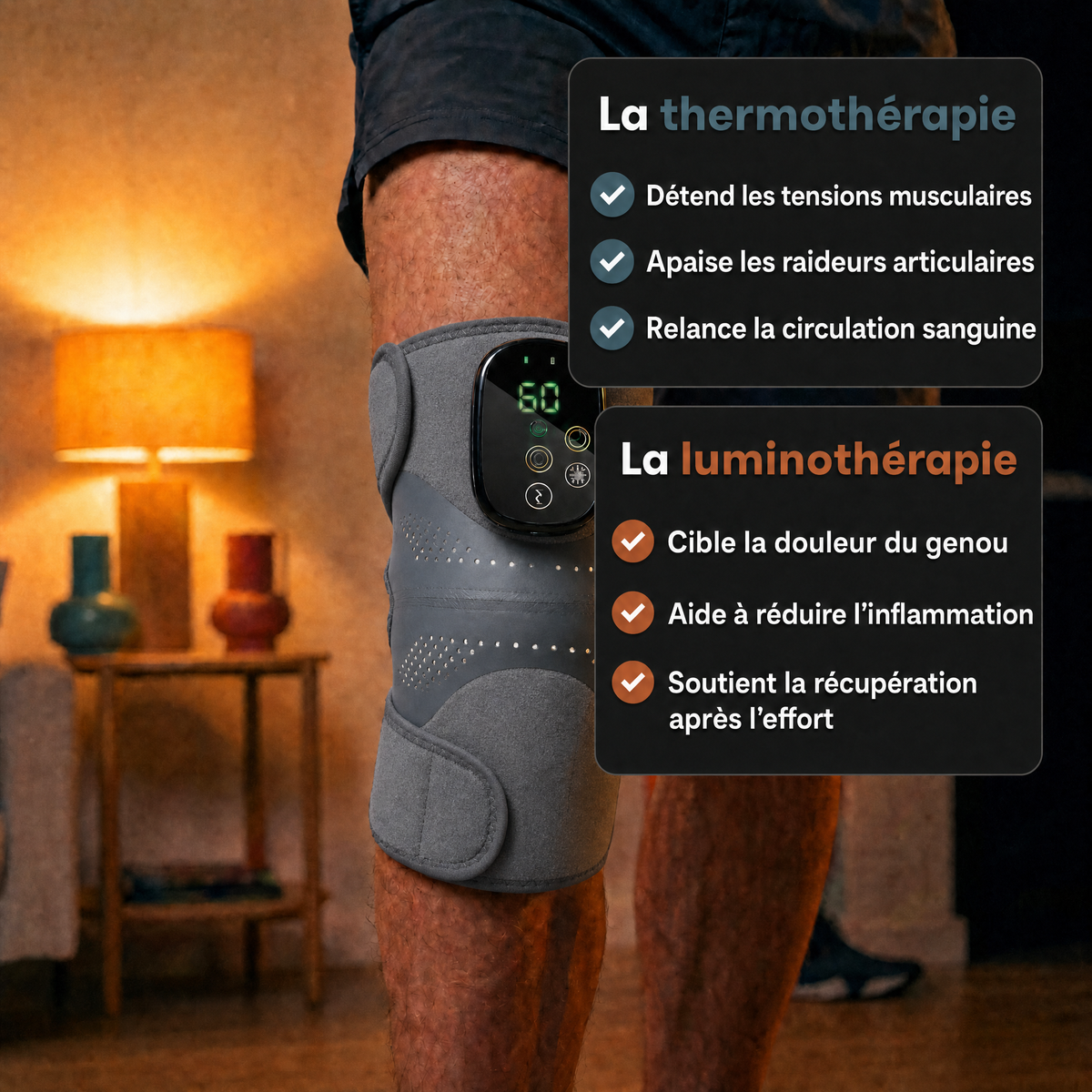 Genouillère Chauffante avec lumière rouge – soulage, apaise et détend le genou
